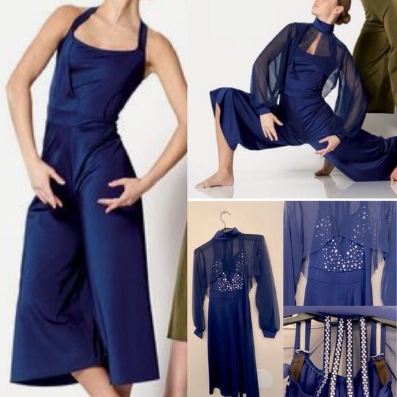 Kelle dance costume blue wide leg unitard jumpsuit custom rhinestone child MC - Picture 1 of 15